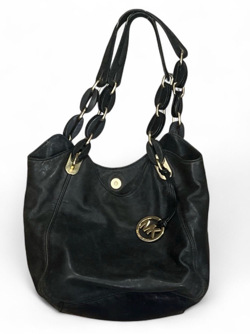 Michael Kors Fulton Leather Shoulder Bag Purse Gold Logo Chain Black Hobo 2010